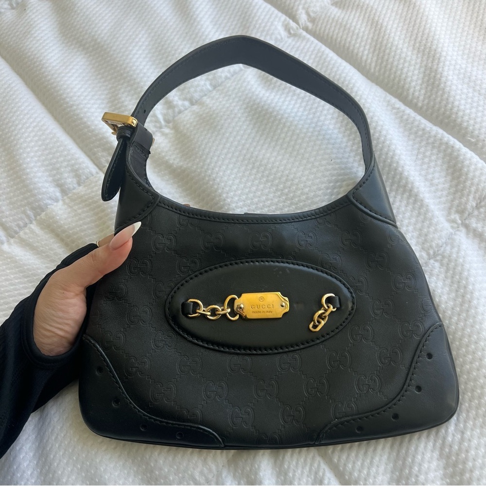 Gucci Vintage Black GG Monogram Leather Shoulder Bag